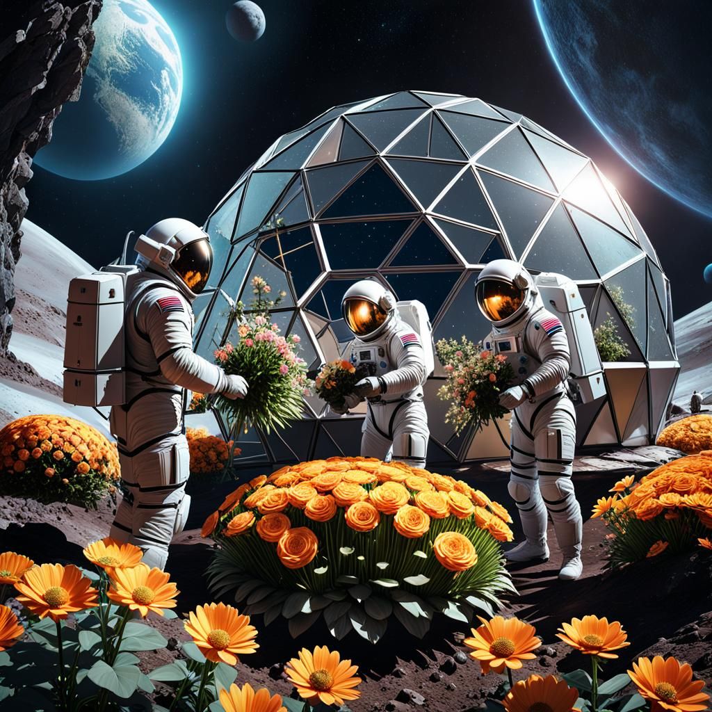 Lunar Greenhouse: Astronauts Tend Flowers on the Moon