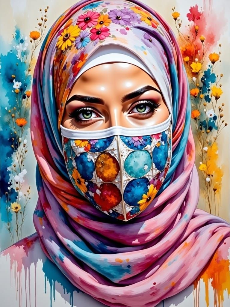 Woman with Hijab in Dreamy Oil-Gouache Painting