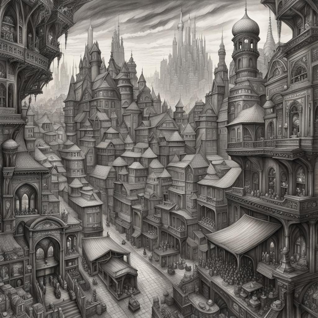 Detailed Pencil Drawing of High-Fantasy City