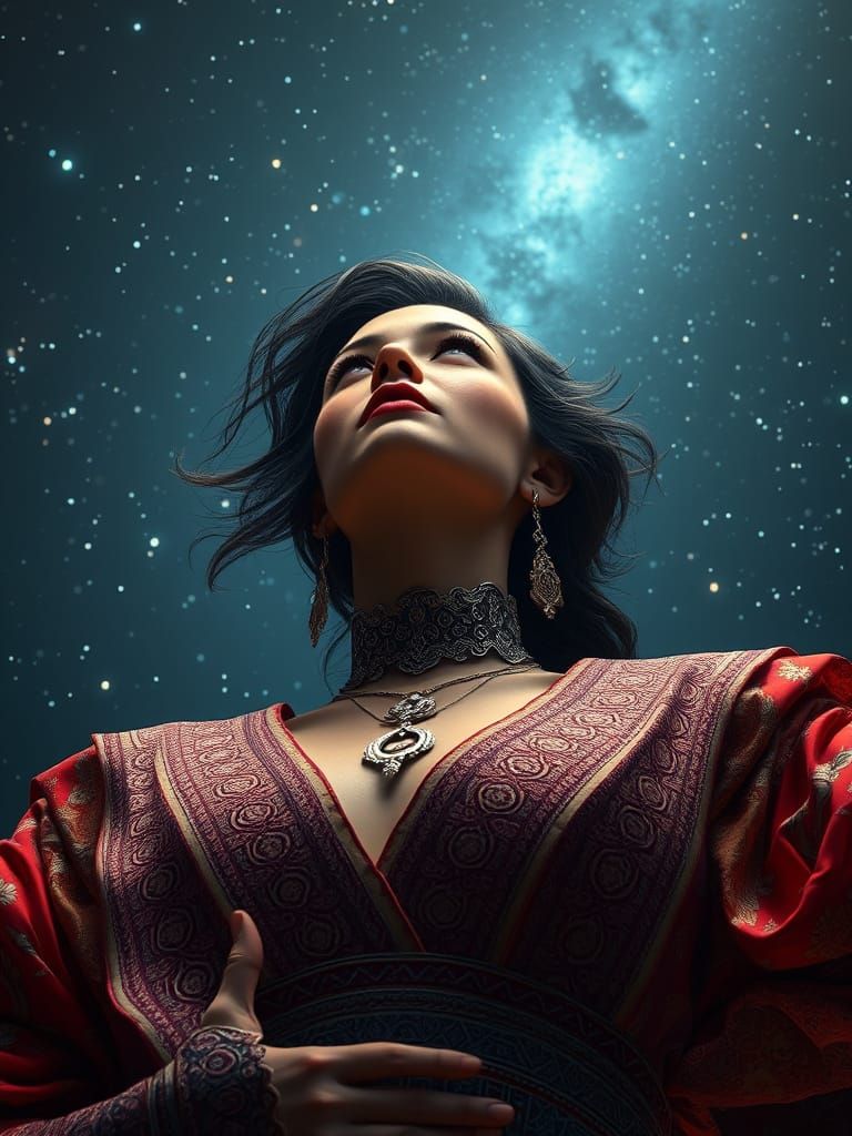 Woman Reaching from Night Sky in Photorealistic Style