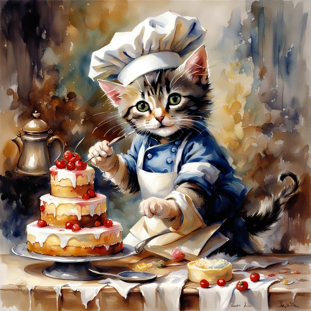 Chef Kitten Decorating Cake in Watercolor Style