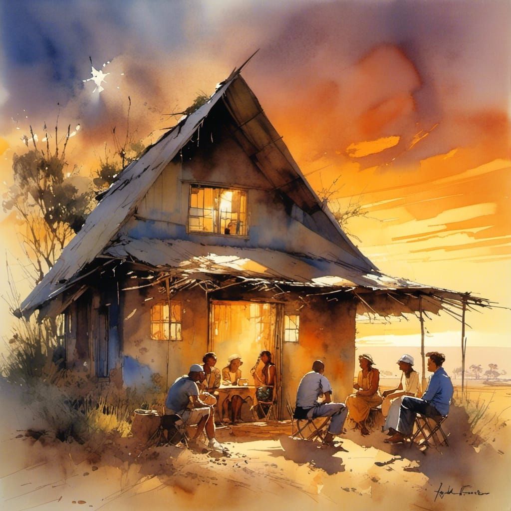 South African Shebeen Hut in Watercolor Style