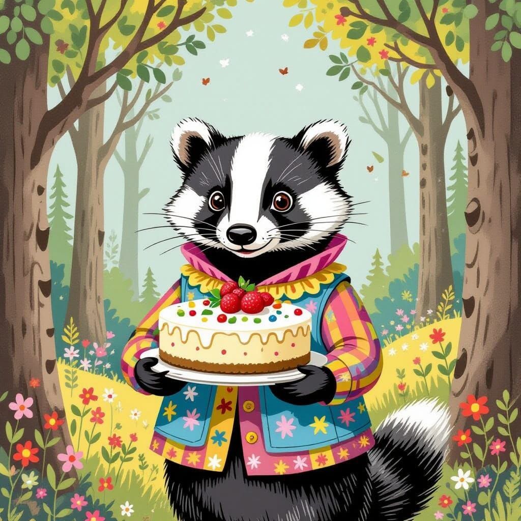 Badger With Cheesecake in Children's Book Style