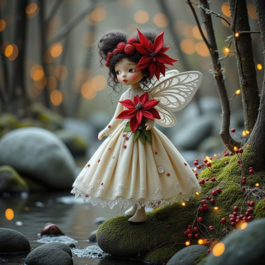 Fairy Child by Winter Stream with Holly and Berries