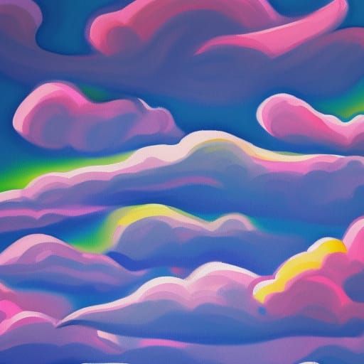 Neon Rainbow Clouds Over Trees, Gouache Painting