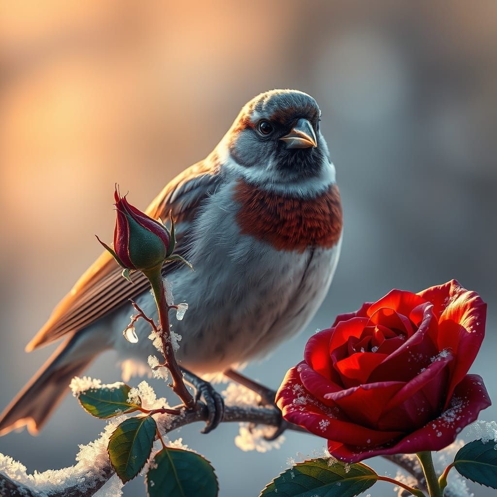 Majestic Sparrow Adorns Crimson Rose in Hyper-Realistic Wint...