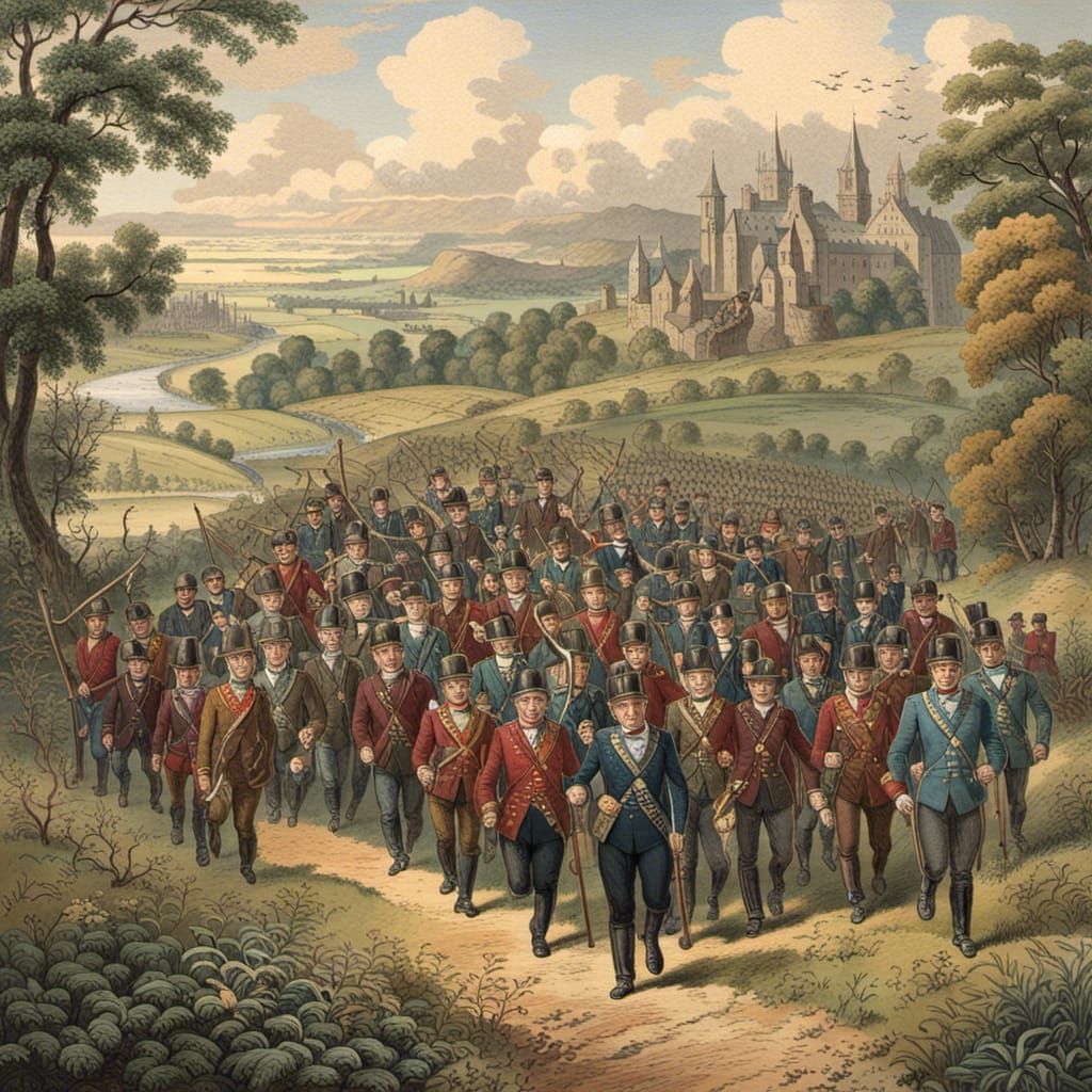 Victorian Engraving of Suspenders Marching in England