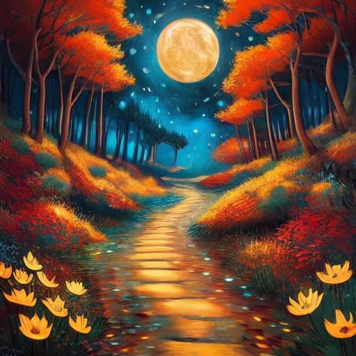 Mythological Moonlit Scene with Vintage Storybook Flair