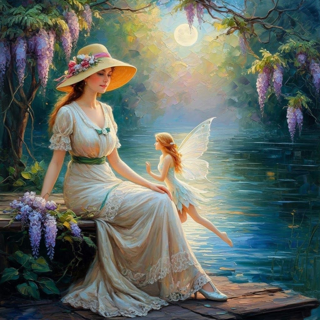 Woman on Bench by Lake in Impasto Style