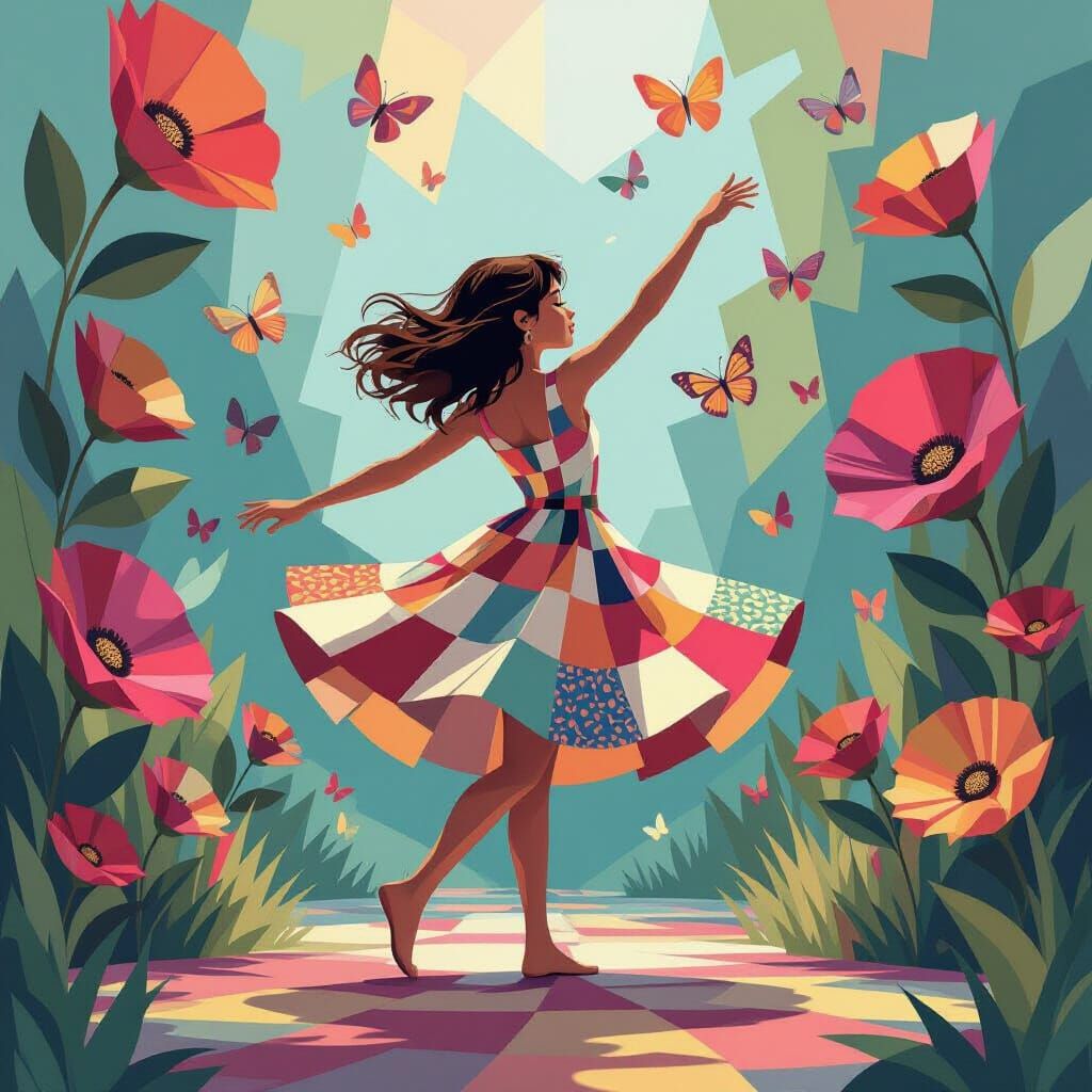 Abstract Girl Dancing in Fabric Scraps Amidst Butterflies an...