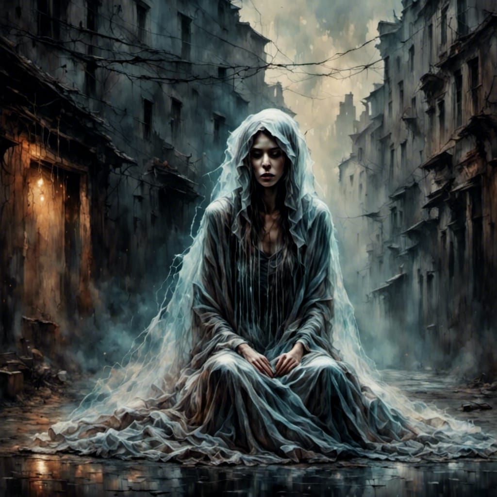 Ghostly Woman in Dark Alley on Rainy Night