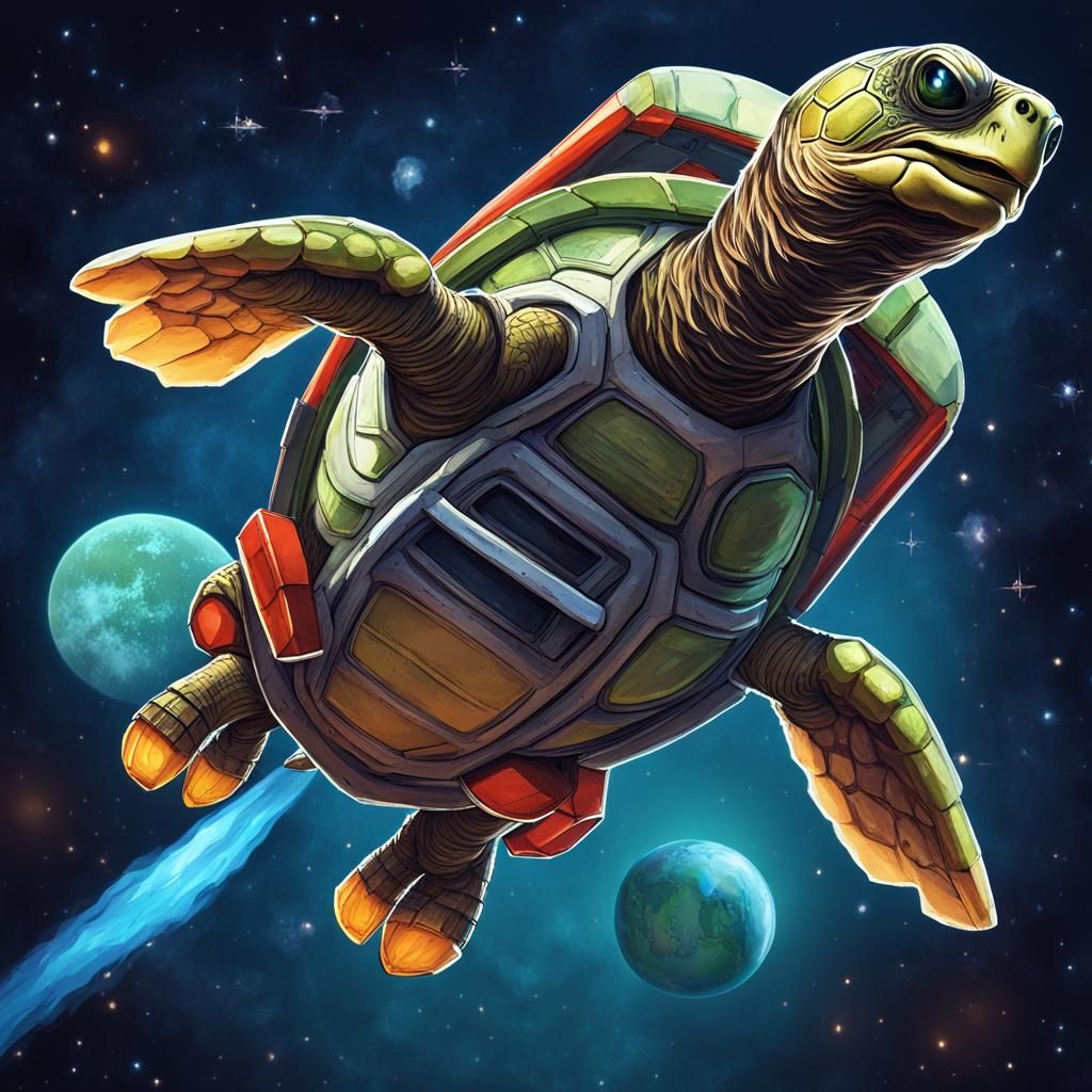 Rocket-Powered Turtle Soaring Through Space