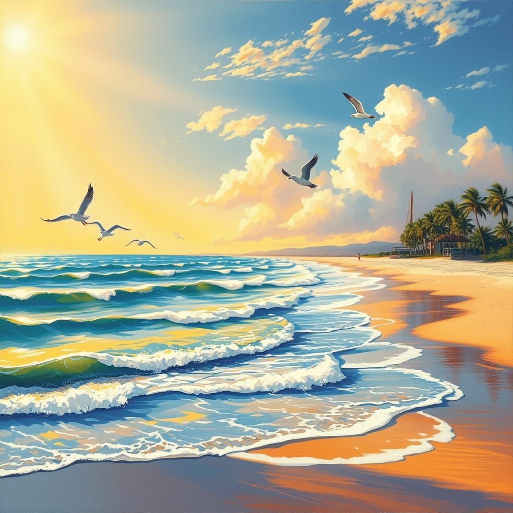 Golden Light on a Serene Beach Scene, in Vibrant Impressioni...