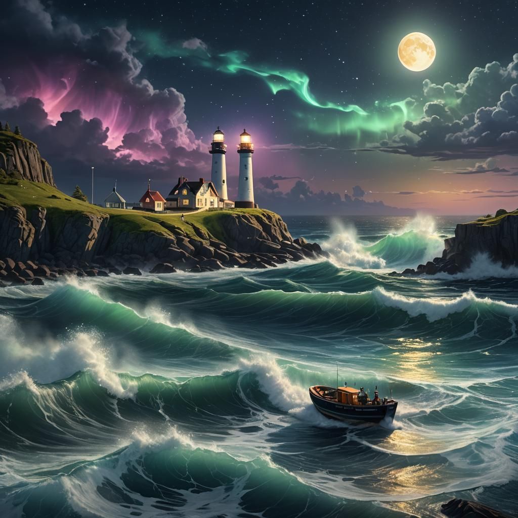 Pastel Northern Lights Over Foamy Seas