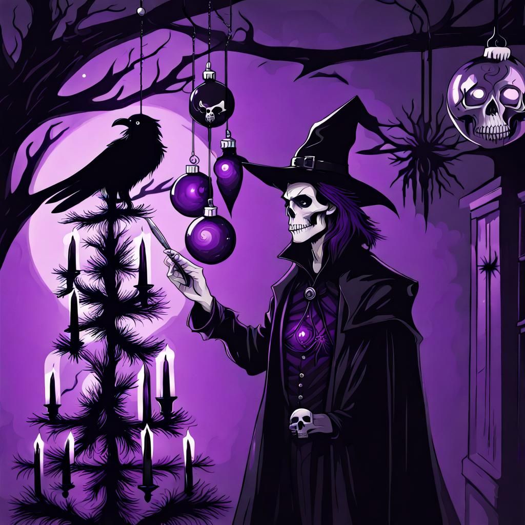 Gothic Witch Decorates Christmas Tree: Ink Illustration