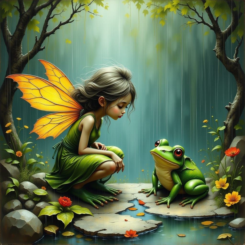 Fairy and Wise Frog Friend Wait in Rain
