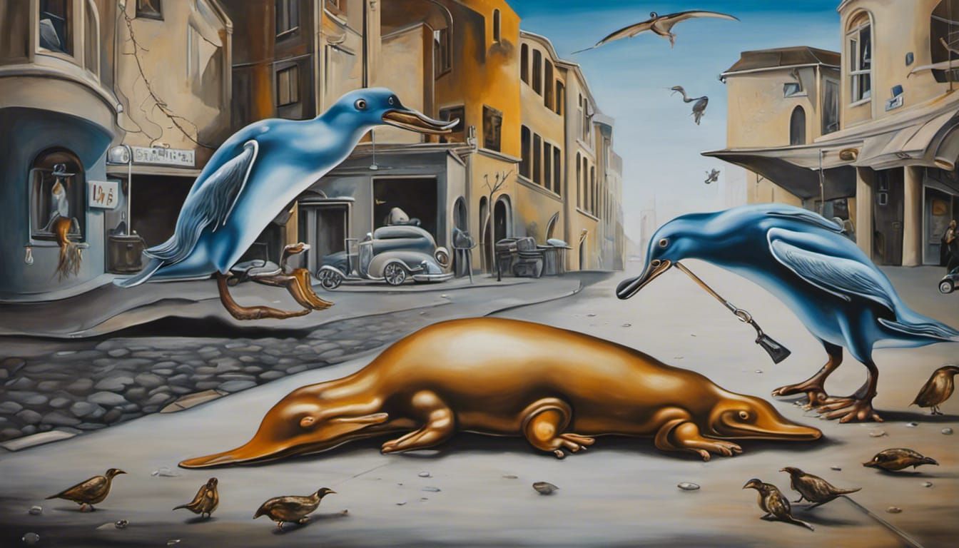 Surreal Urban Platypus vs Penguin in Dali Style