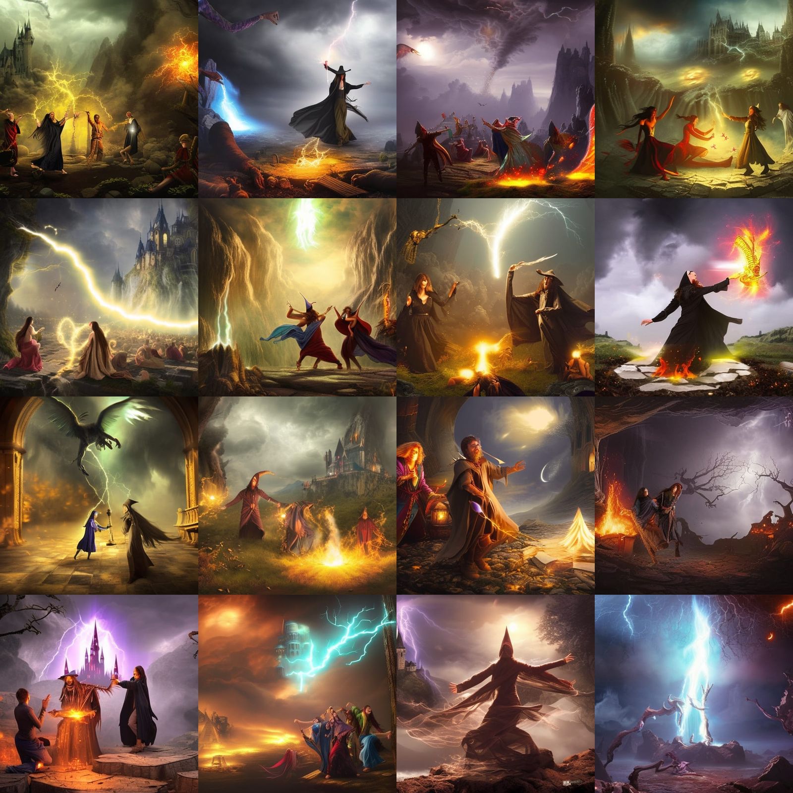 Wizards Summoning Tornado with Magic Spells