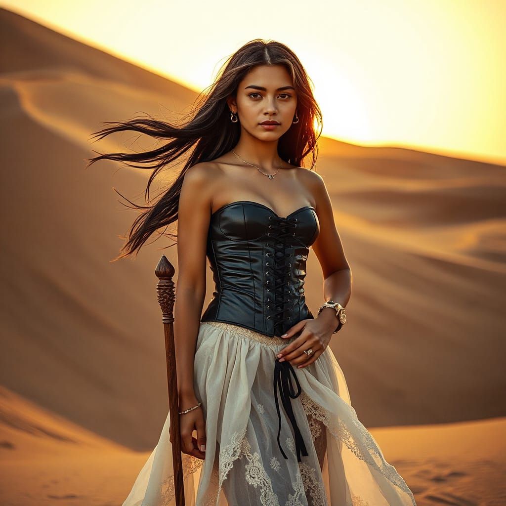 Kazakh Woman in Desert Sunset, High Fashion Aesthetic