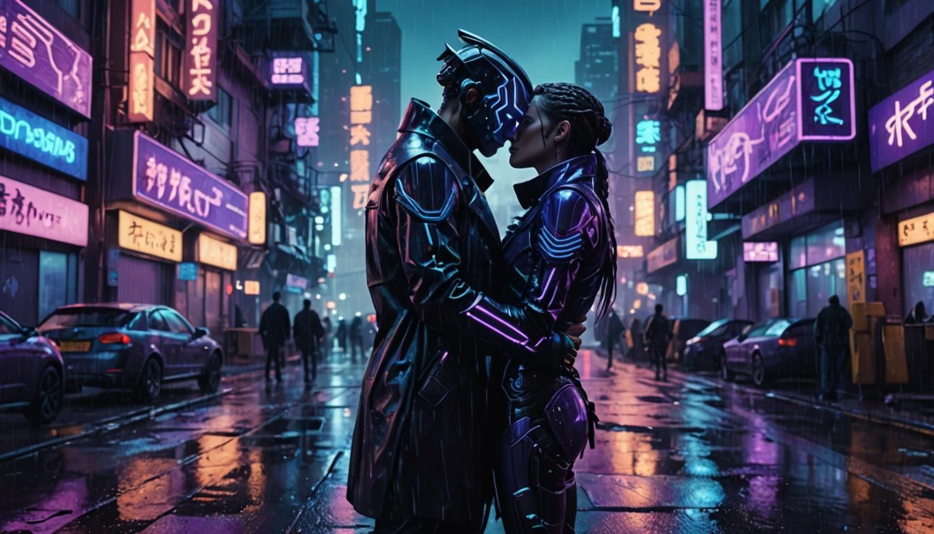 Androids Kissing in Neon City, Cyberpunk Film Still
