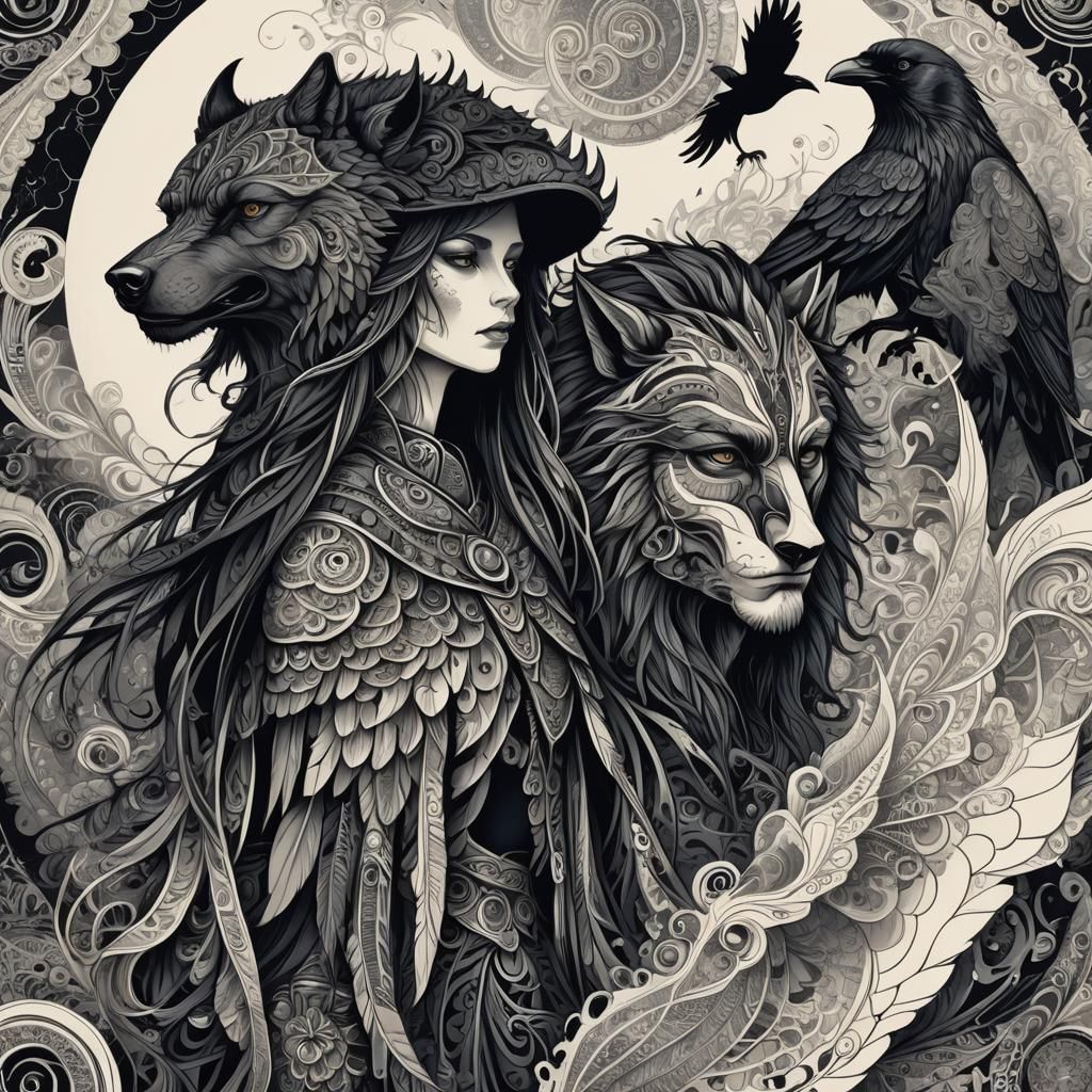 Valkerie with raven and half man half wolf, ink alcohol
