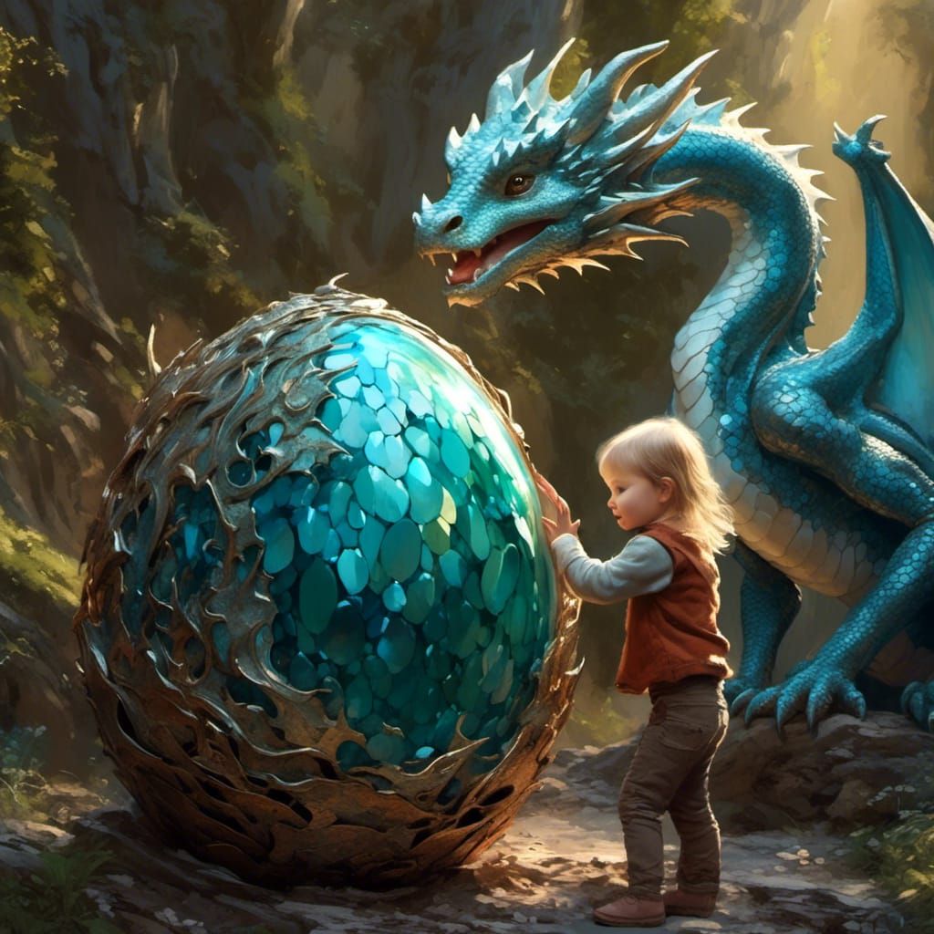 Girl and Baby Dragon Hatching From Egg