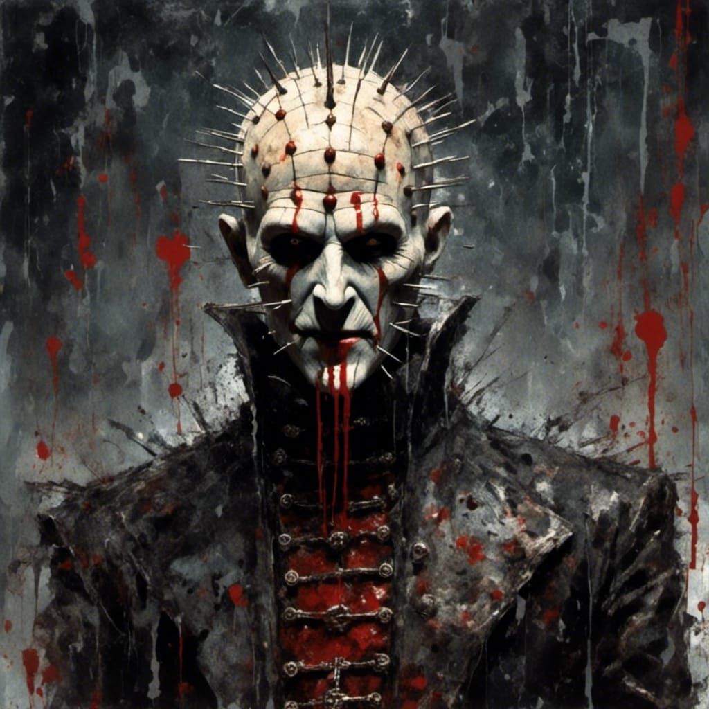 Macabre Pinhead in Watercolor with Chains and Hooks