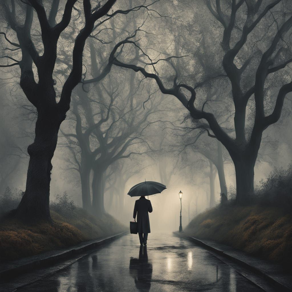 Man Walks Foggy Avenue in Surreal Digital Painting