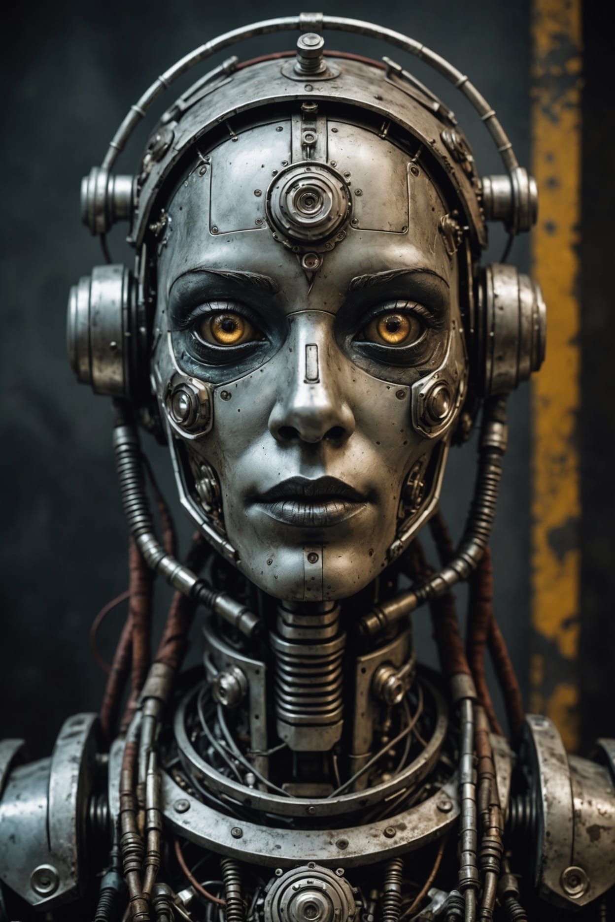 Anthropomorphic Female Robot Artwork in Grungy Style