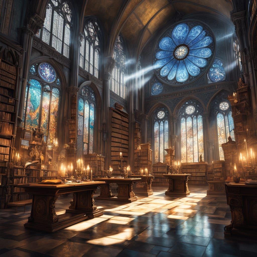 Wizard Studies Glowing Tome in Art Nouveau Library