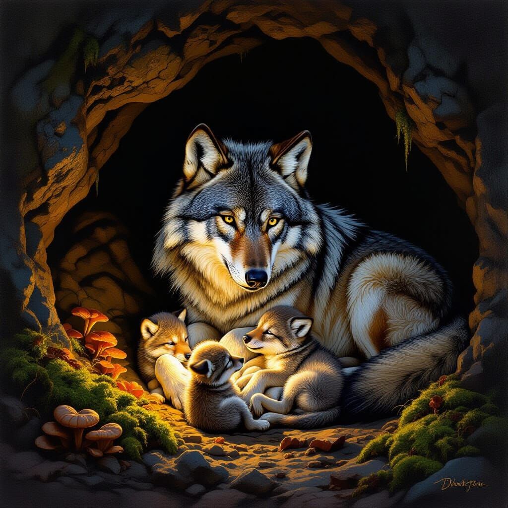 Maternal Wolf Gives Birth to Cubs in Cozy Cave