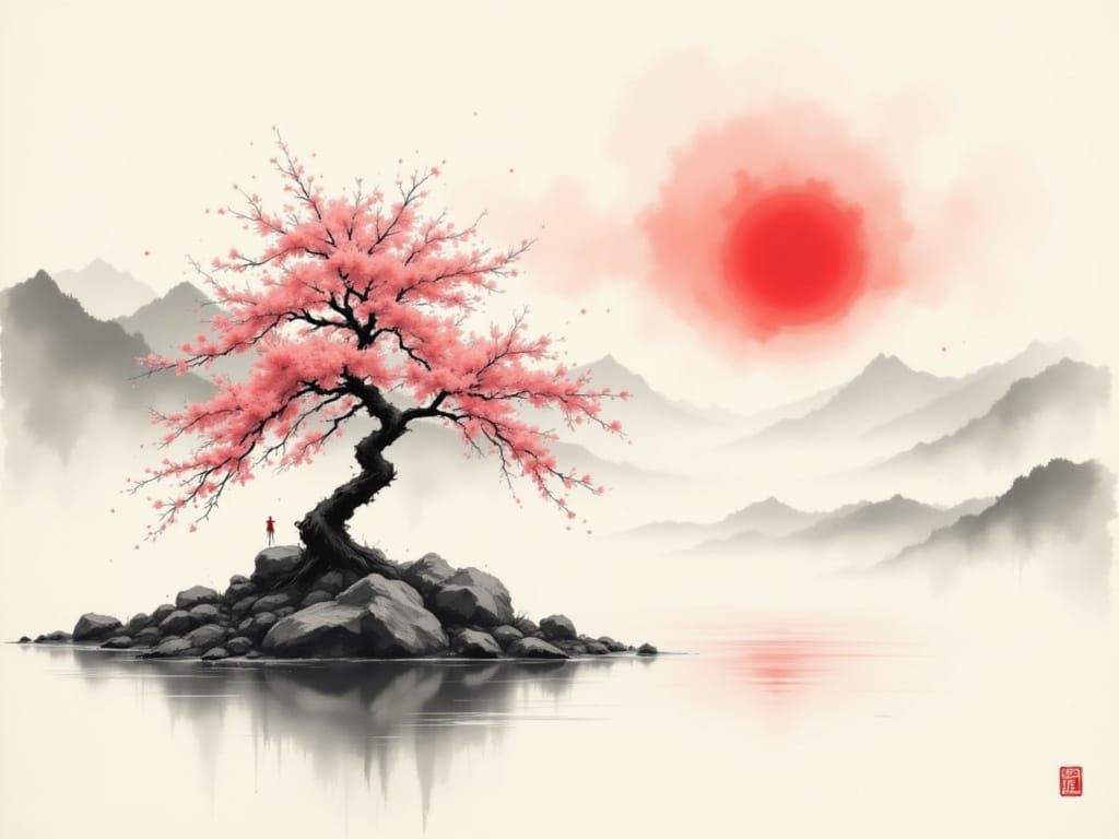 Ethereal Cherry Blossom Tree Silhouette in Misty Japanese La...