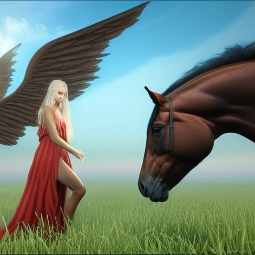 A mythical being with the body of a horse, the wings of angels, and the head of a woman. Her face is broad and round, he...