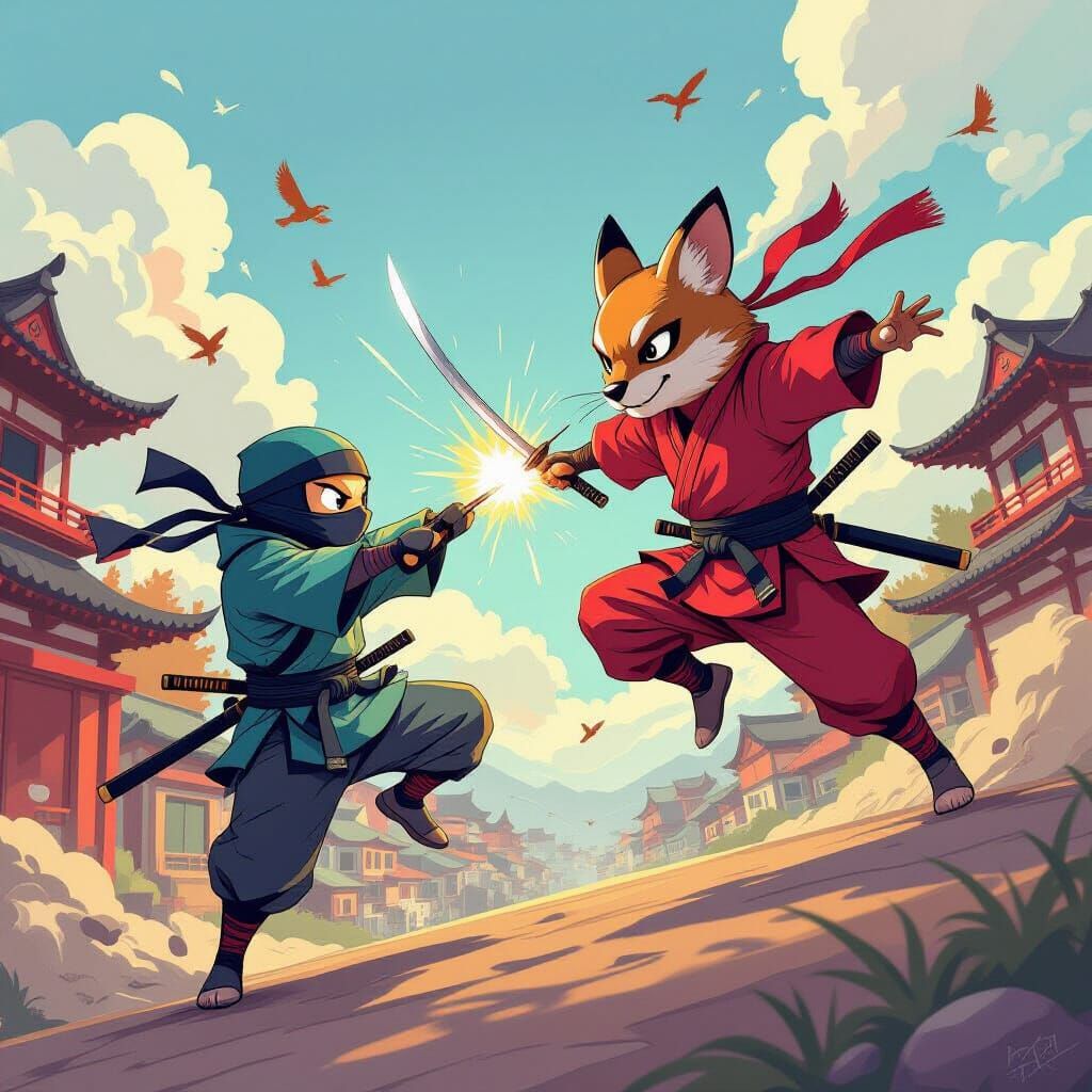 Animal Ninja Caricature Scene in Aerial Combat