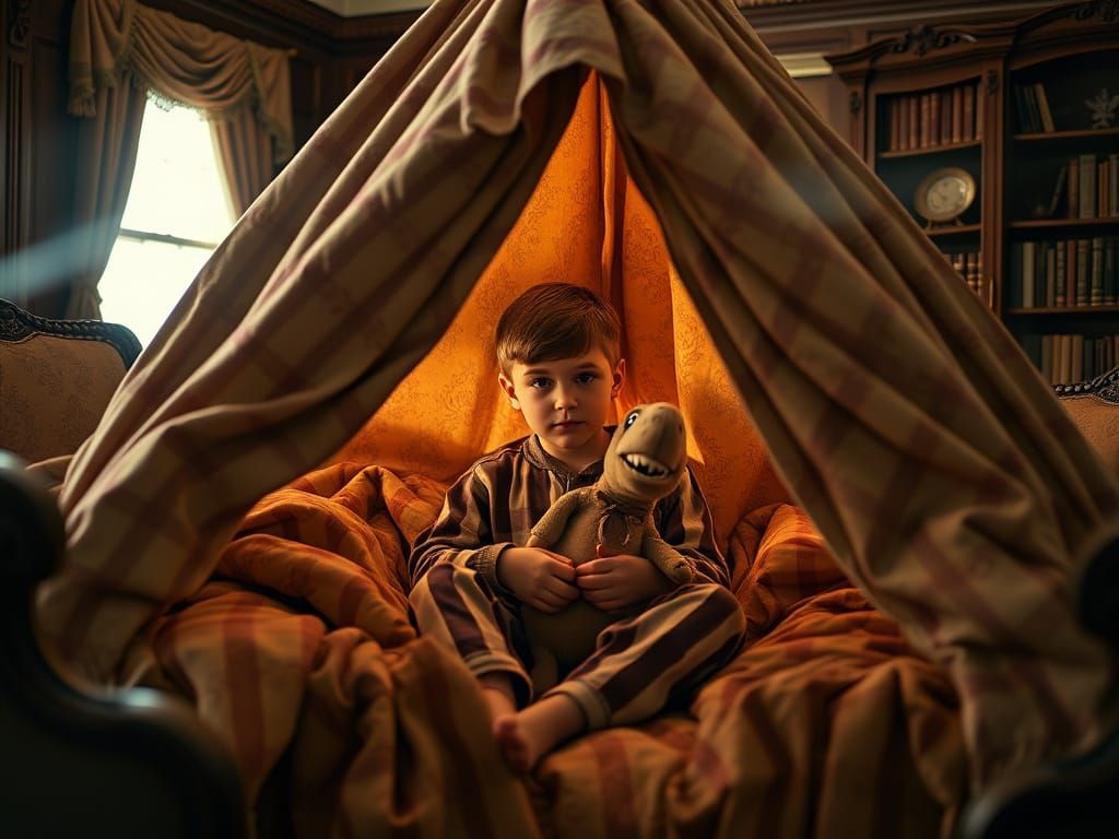 Young Boy's Whimsical Blanket Fort in Elegant Victorian Parl...
