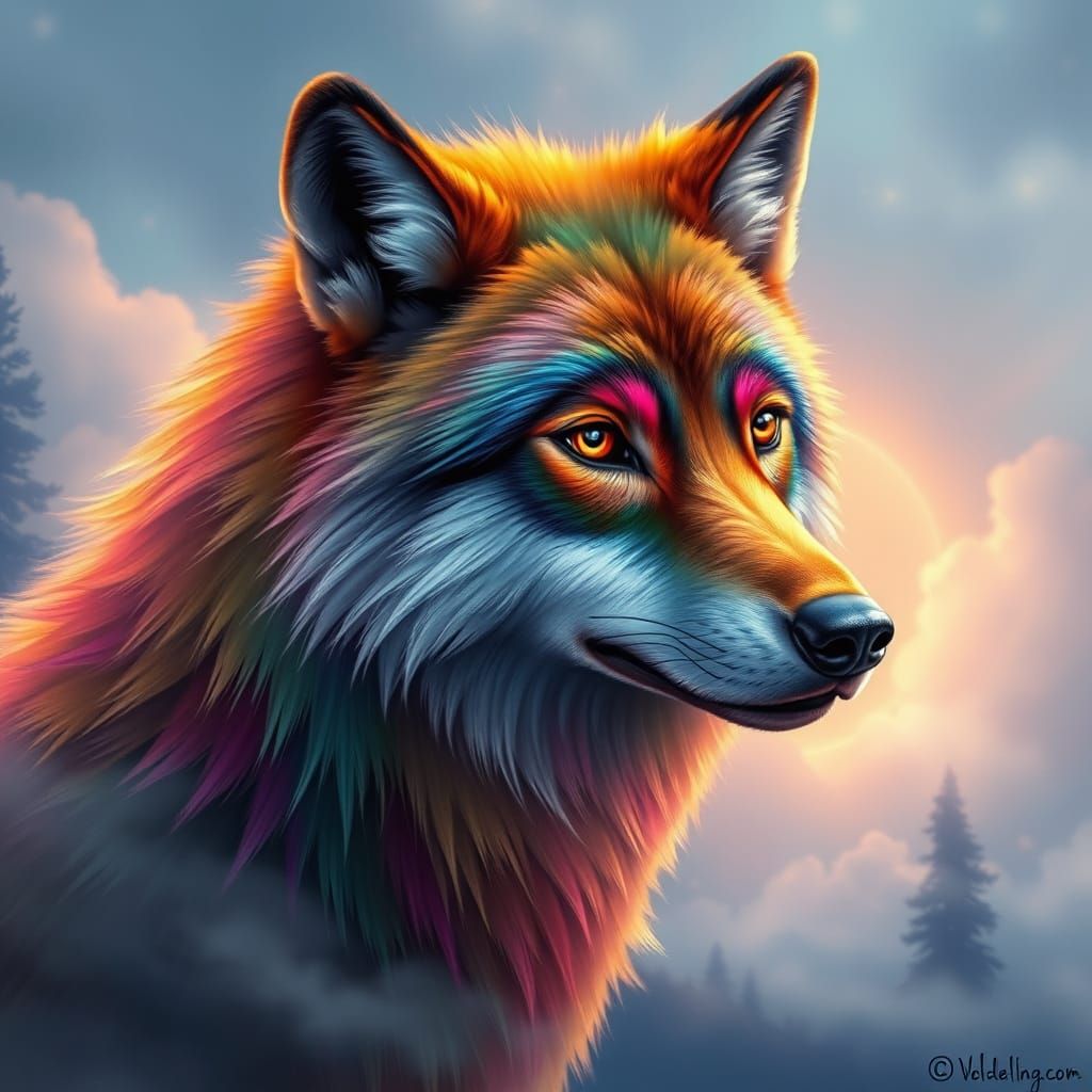 Rainbow Wolf in Ethereal Fantasy Landscape
