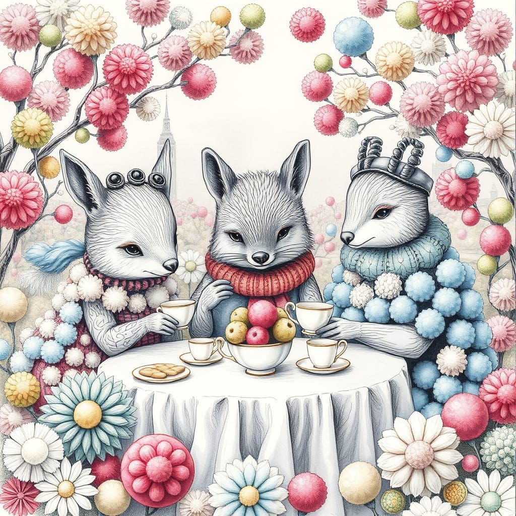 Animal Tea Party in Hyperdetailed Charcoal Style