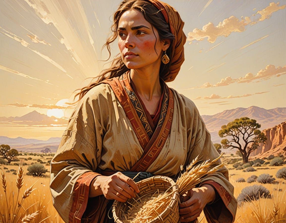 Ancient Moabite Woman Gathering Oats in a Golden Landscape