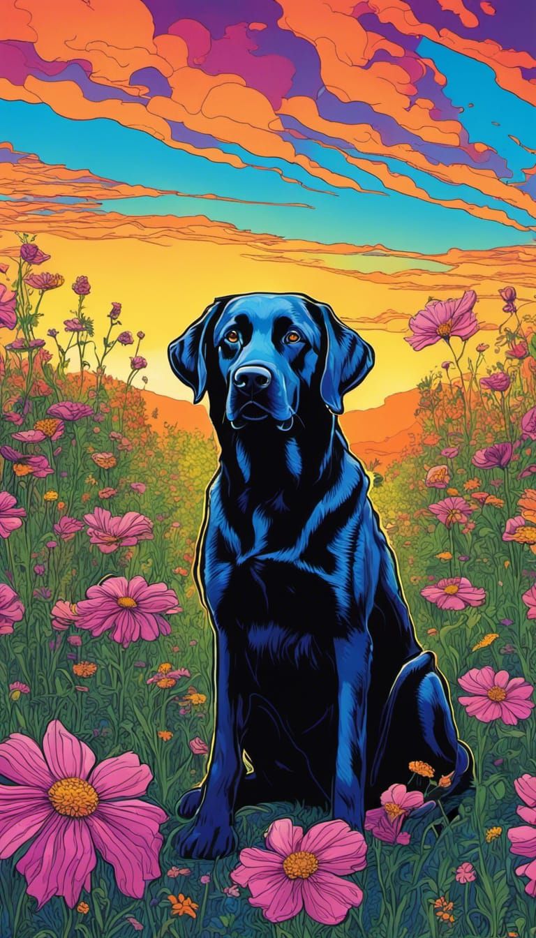 Psychedelic Black Lab in Cosmos Flower Field