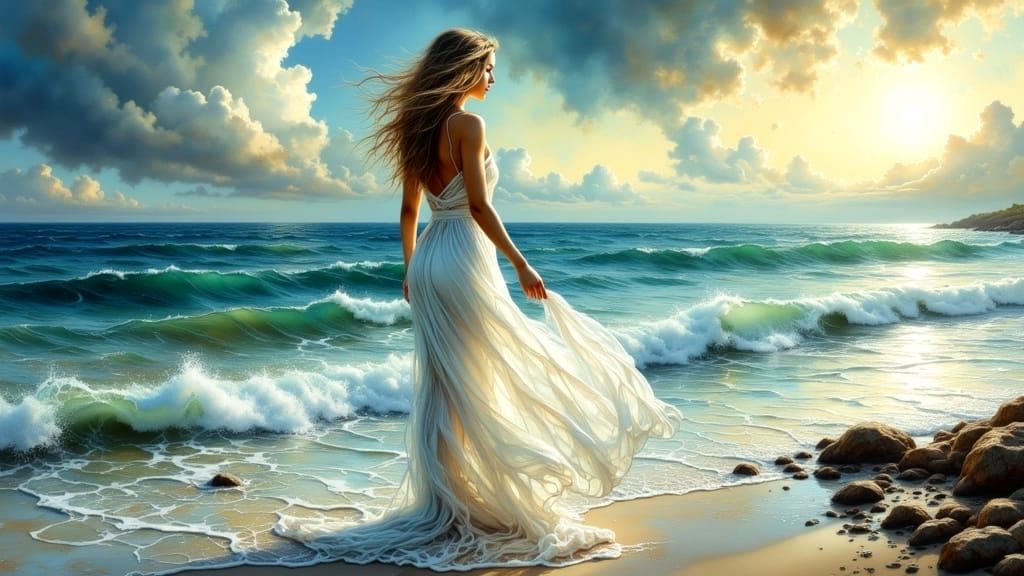 Watercolor Woman with Glass on Endless Ocean