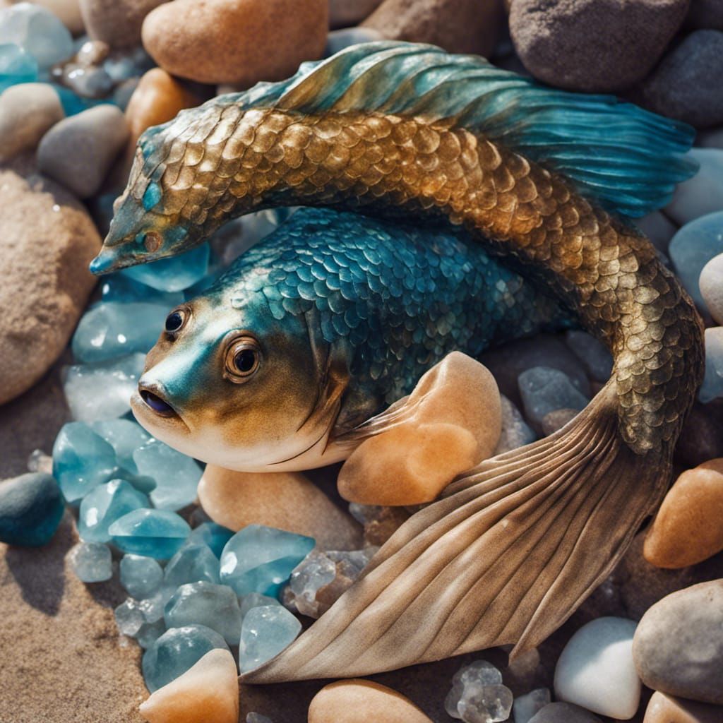 Curvy Mermaid with Crystal Scales on Beach Rock
