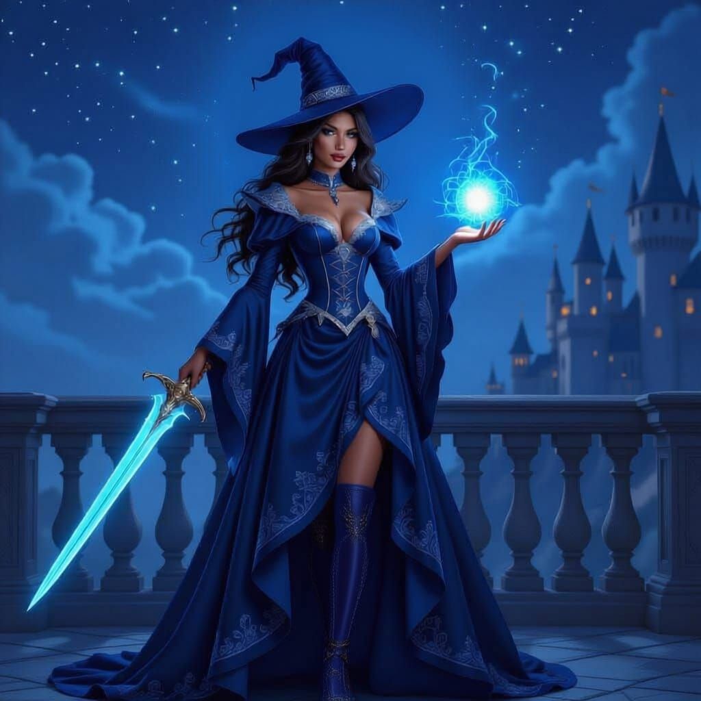 Renaissance Witch with Glowing Sword on Castle Balcony