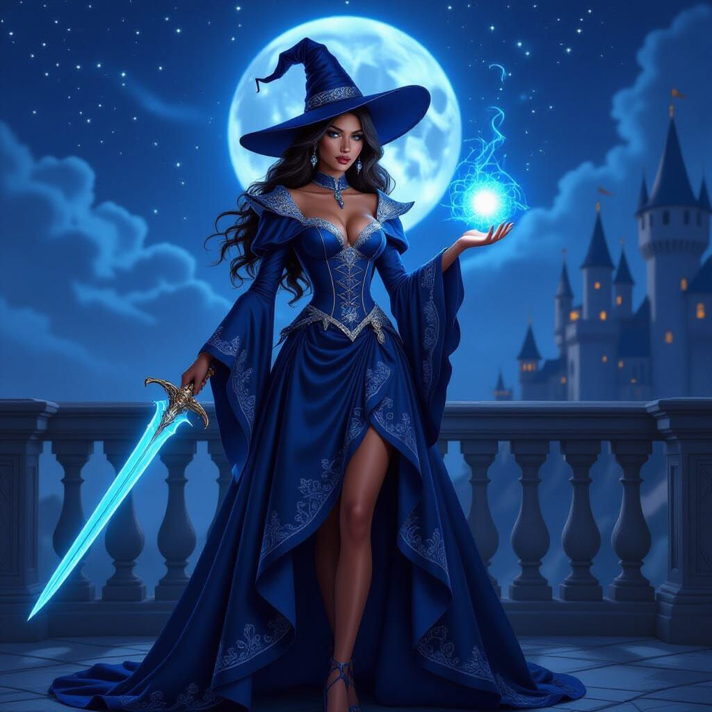Regal Witch with Blue Aura and Magic Sword