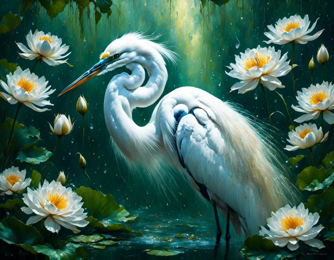 Great Egret in Lotus Pond: Impressionist Gouache Painting