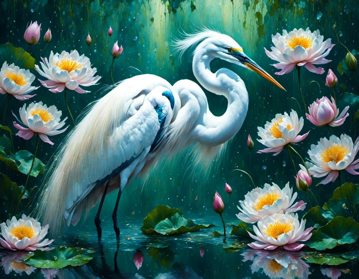 Great Egret in Lotus Pond, Impasto Gouache Painting