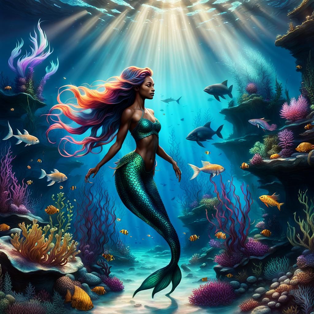 Enchanting Mermaids Explore Sunken Treasure, 3D Digital Art