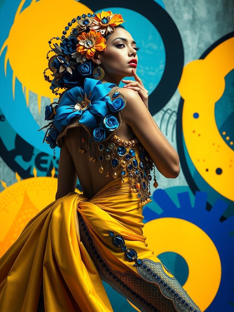 Vibrant Blue and Yellow Circles in a Modern Art Nouveau Fash...