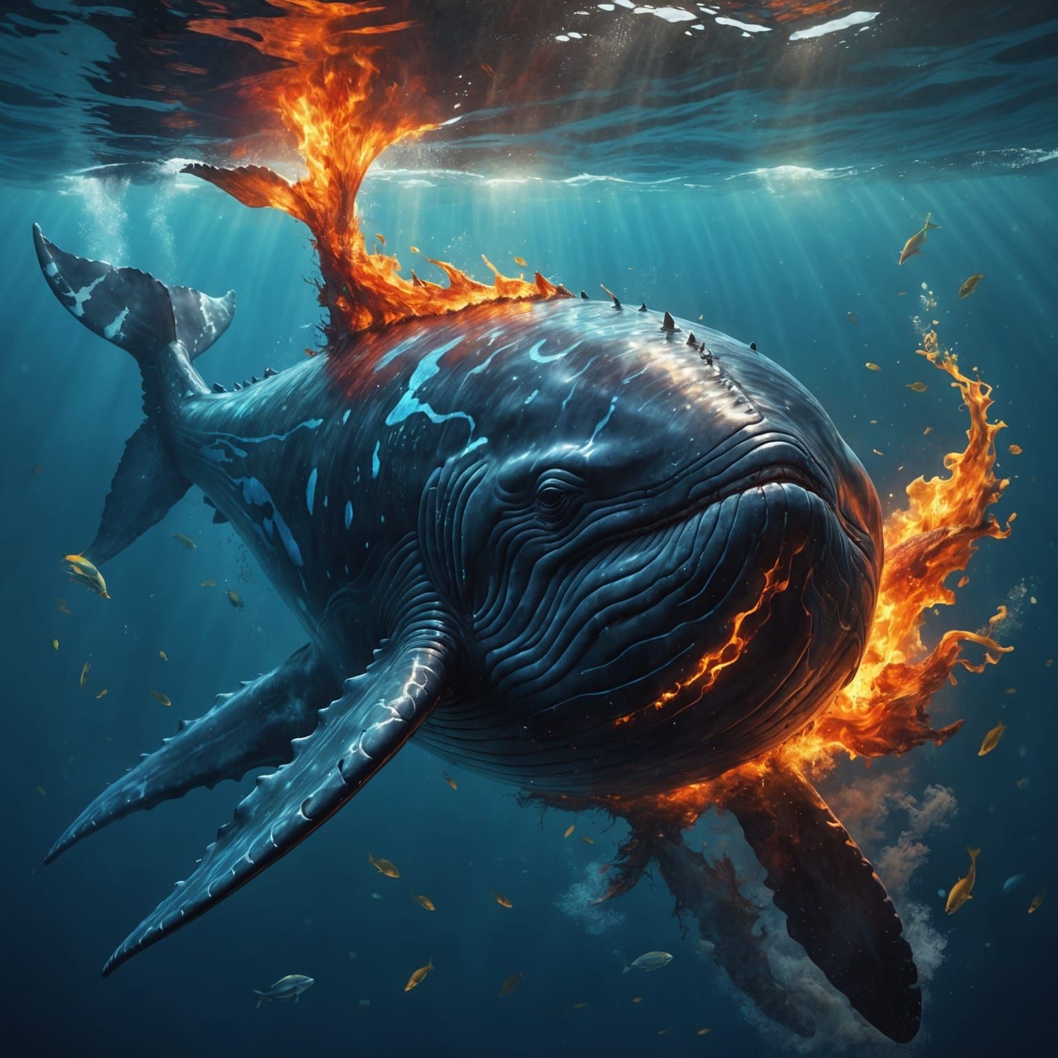 Burning Whale: Hyperrealistic Underwater Concept Art