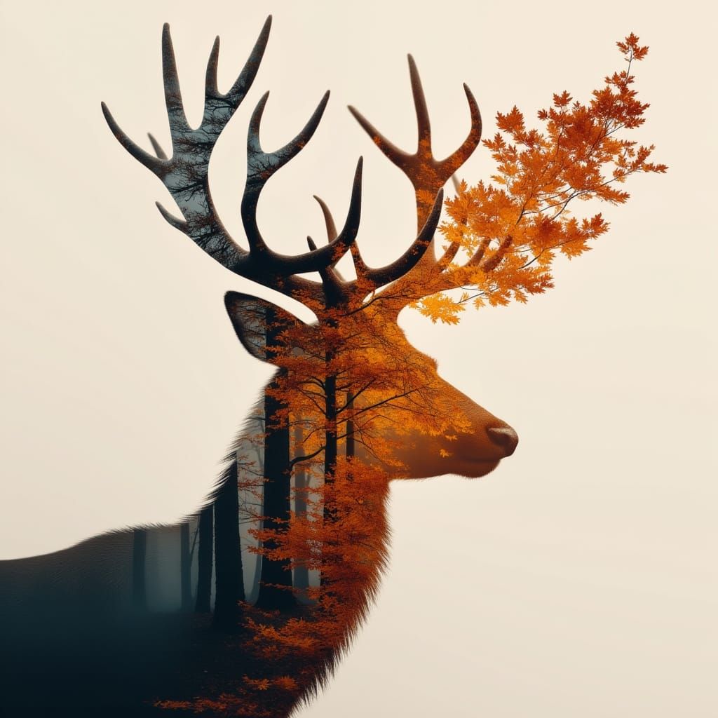 Cinematic Autumn Stag in Double Exposure Photography