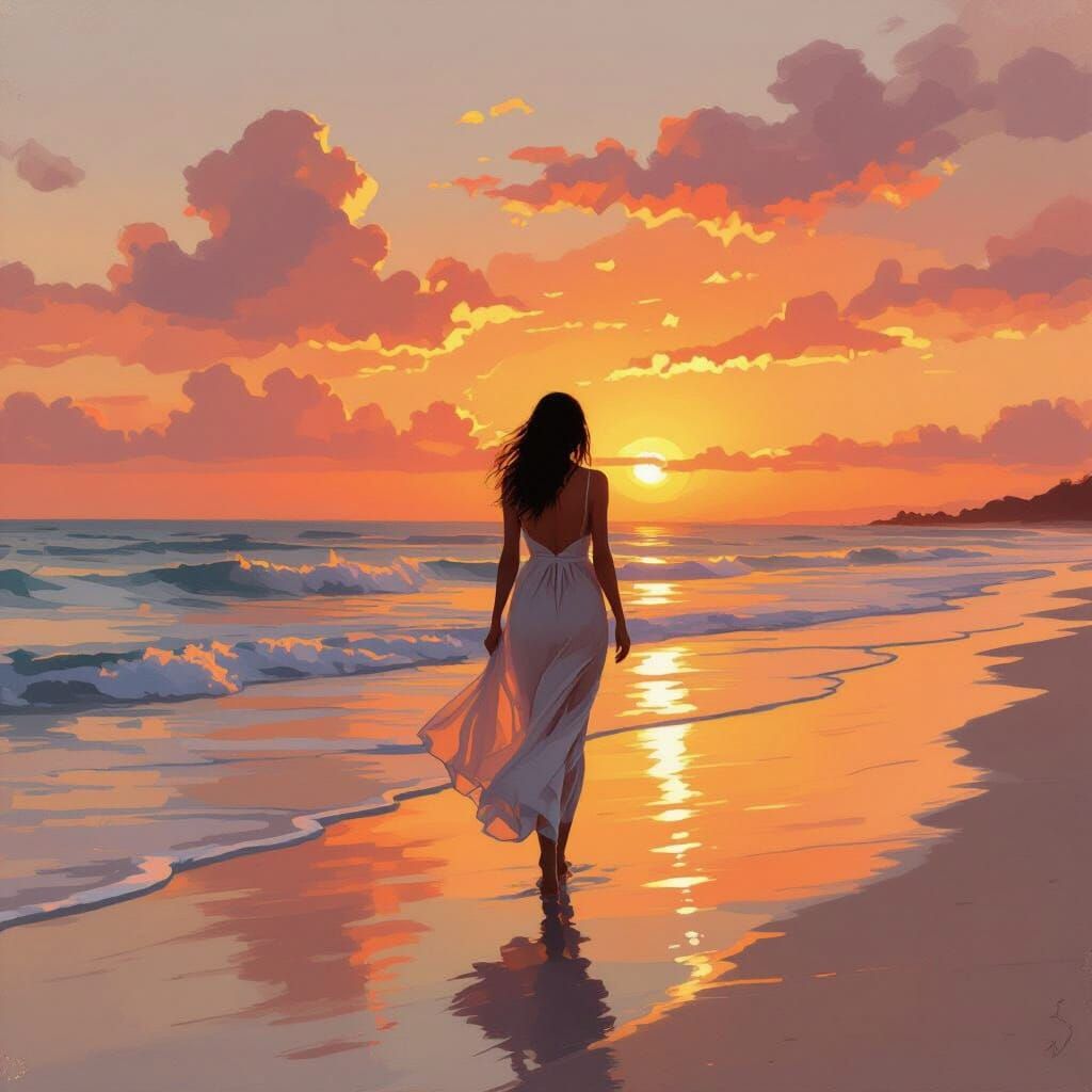 Woman on Tropical Beach at Sunset in Impressionist Style
